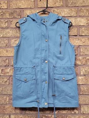 Zenana Outfitters Light Blue Hooded Utility Cotton Vest Size Small
